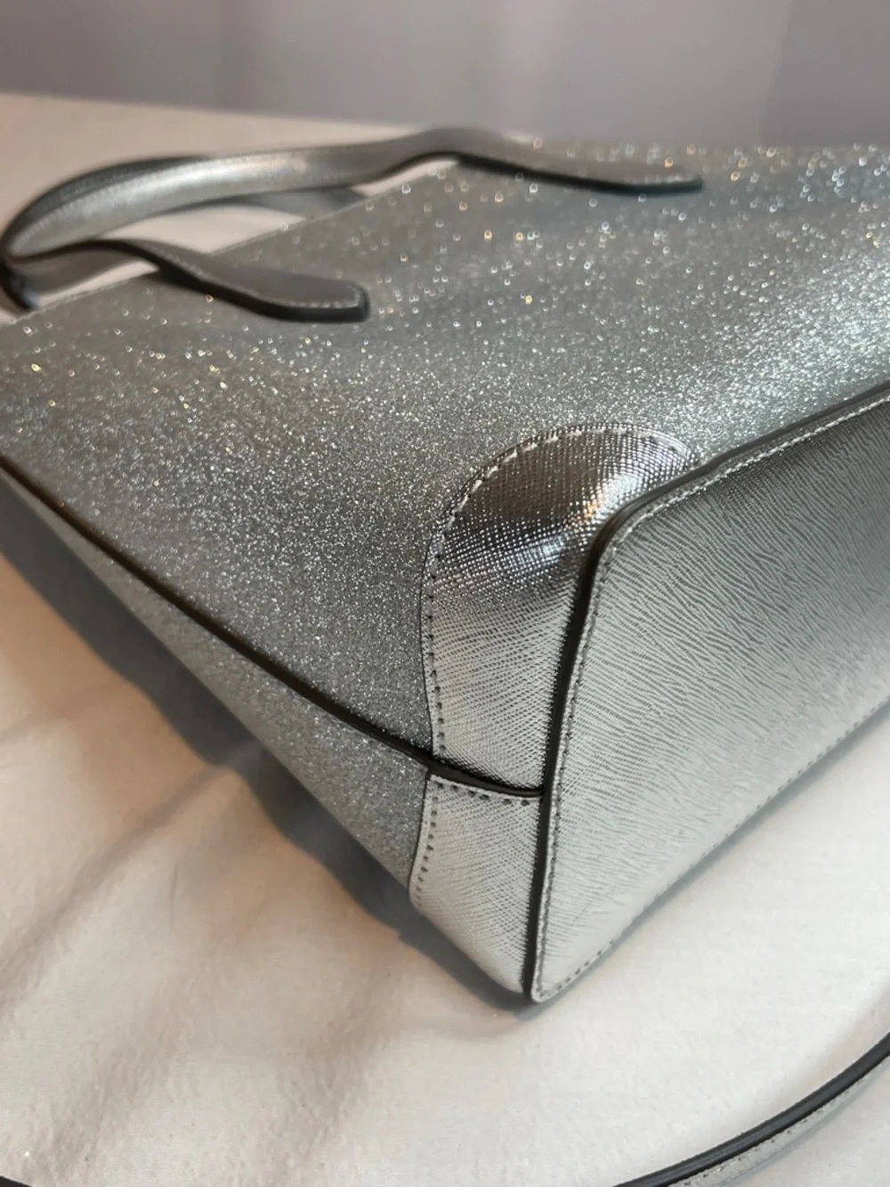 Kate Spade Silver Glitter Tote Crossbody Metallic Sparkle Satchel